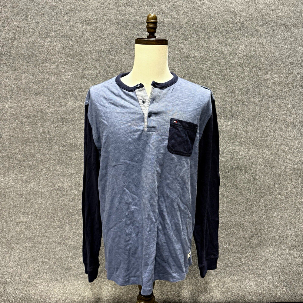 Tommy Hilfiger Men’s XL Henley Shirt Blue Long Sleeve Colorblock Pocket Logo